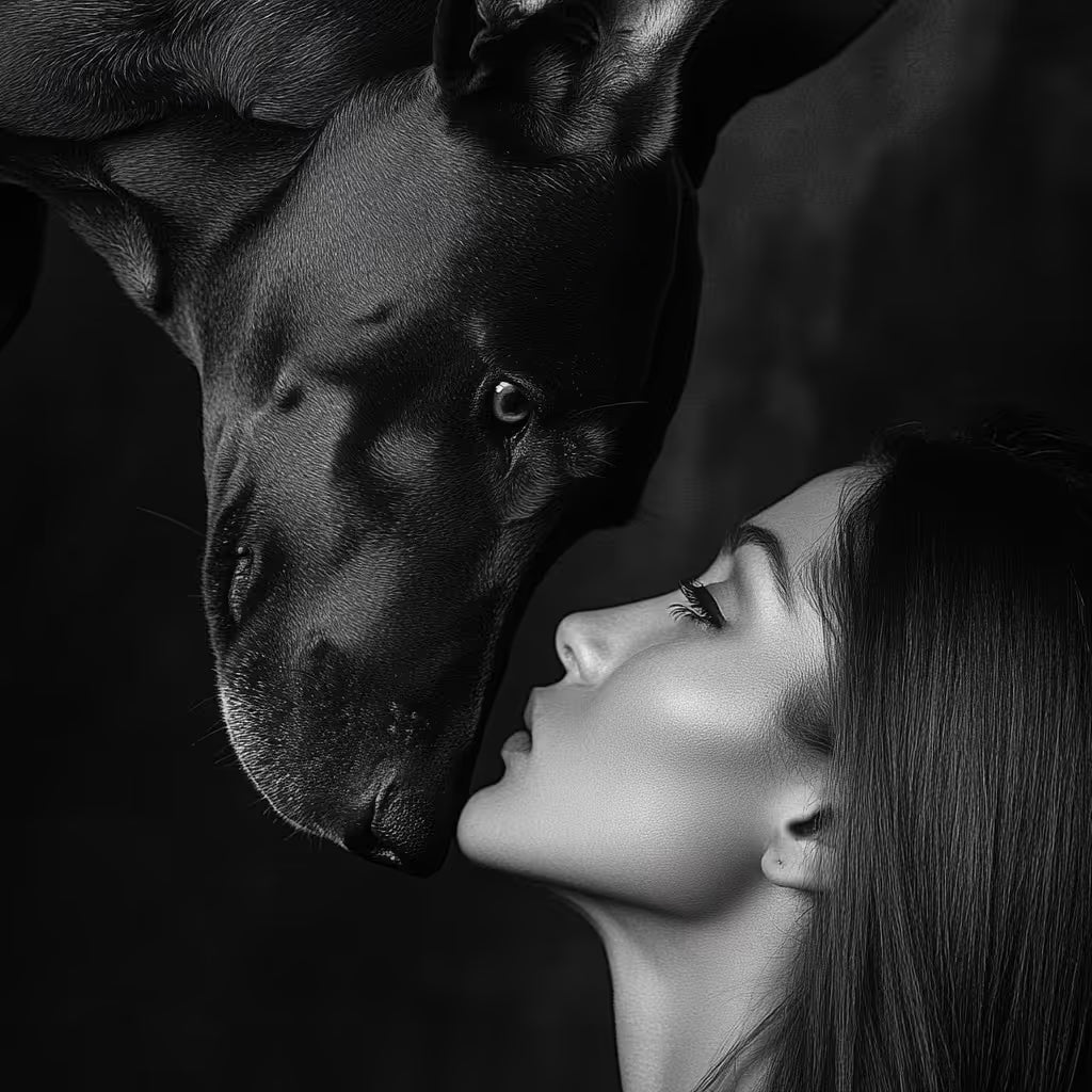 A woman face to face with her large dog, both wearing Paw Fancy Heritage Leather