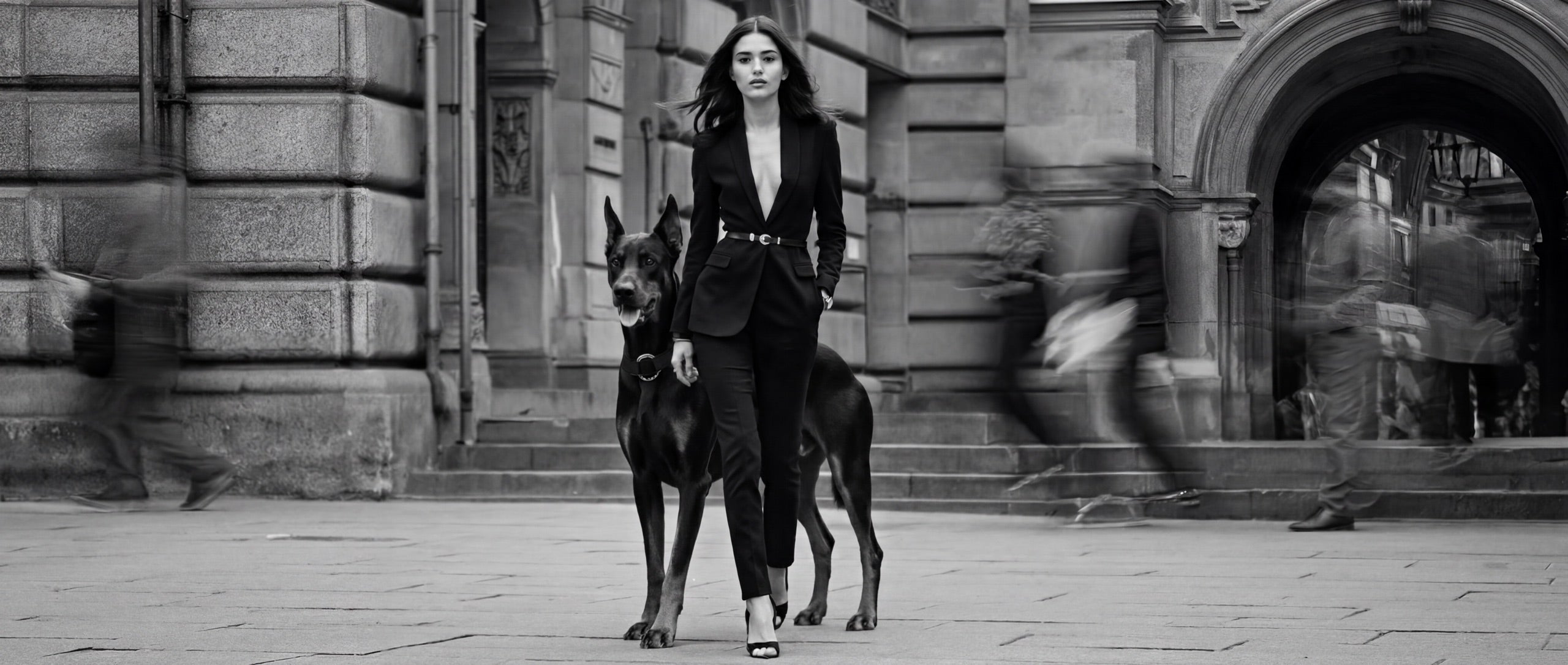 A woman in a tailored black suit walking a Doberman through a European city square — Paw Fancy editorial
