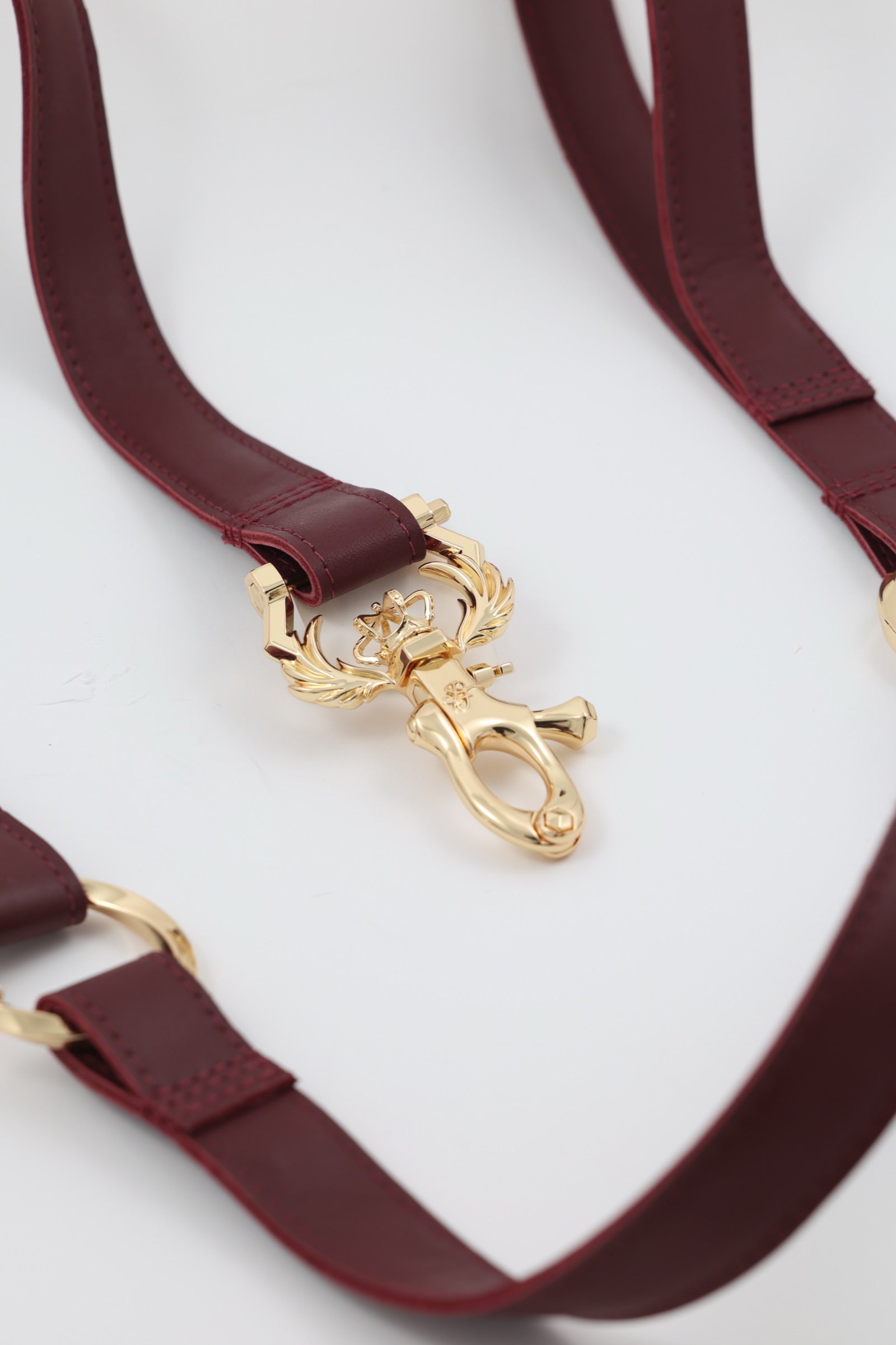 Close-up of the Paw Fancy Legacy Leash in burgundy Heritage Leather with the ornate gold EVO clasp